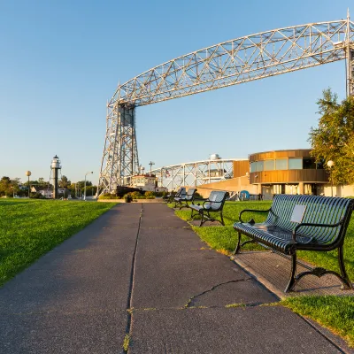 a bench in canal park in Duluth